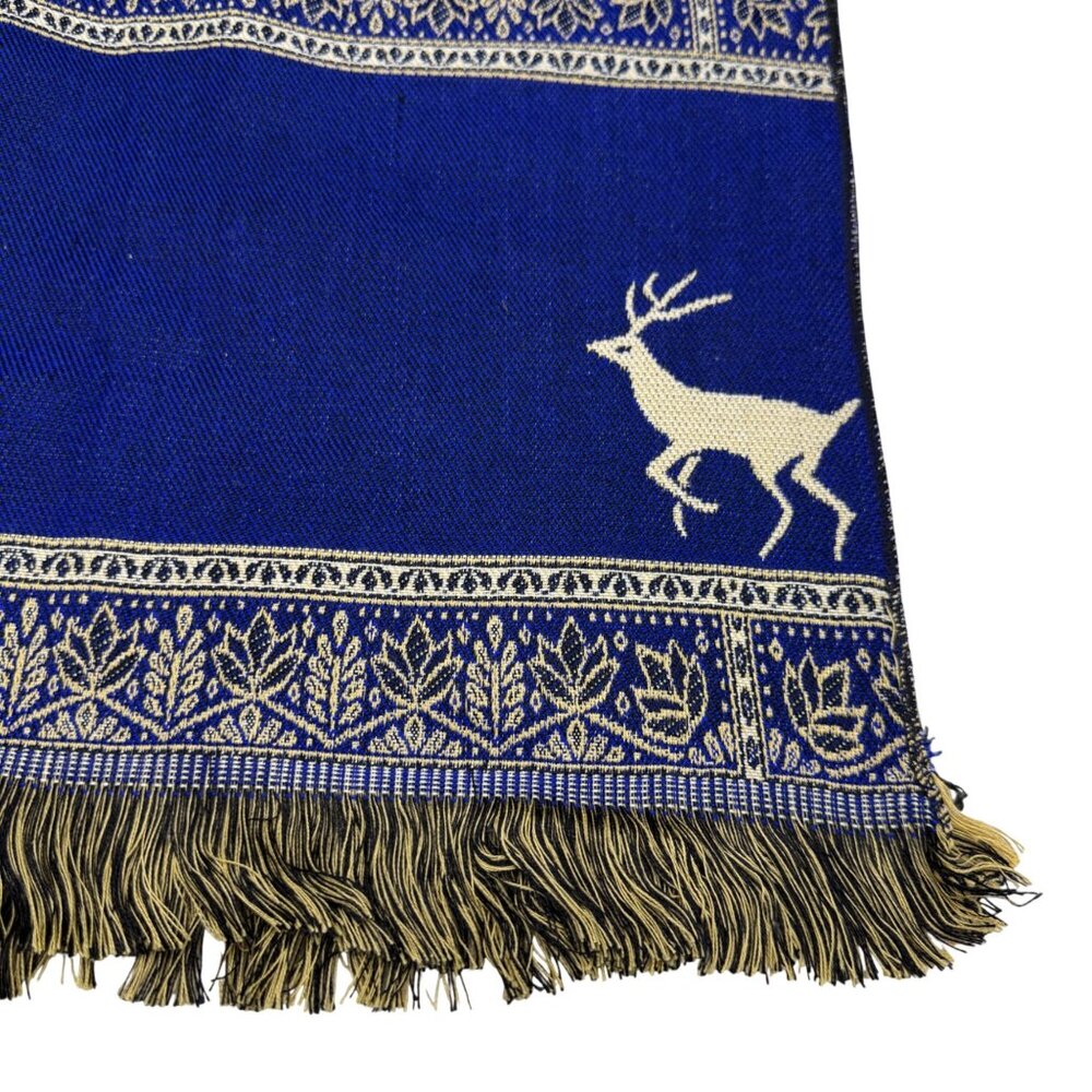 Abu Gazala Egyptian Blue Throw Shawl Or Wall Hanging Deer & Floral Fringe Trim - Picture 4 of 6